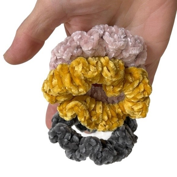 SCRUNCHIES Velvet Yarn Handmade Crochet Set Of 3 Charcoal Dusty Pink Marigold - Picture 1 of 4